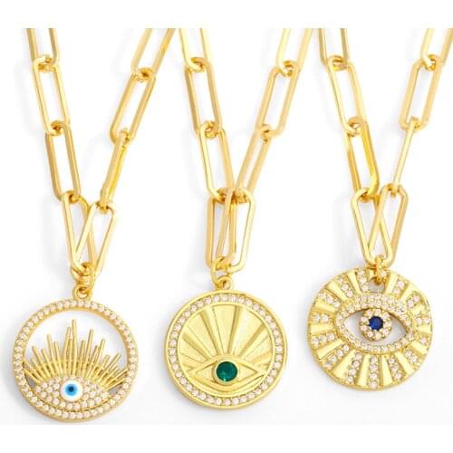 FLOLA Gold Link Chain Blue Evil Eye Necklace Copper Zircon White Crystal Long Necklaces For Women Jewelry 2021 nkew28