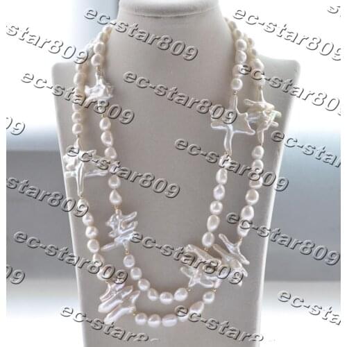 Z11385 2Row 22" 42mm White Baroque Freshwater Pearl Necklace