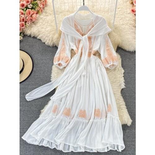 Jastie Flower Embroidery Long Bohemian Folk Style Women Dresses Shawl Headband Scarf Holiday Beach Dress Female Vestidos