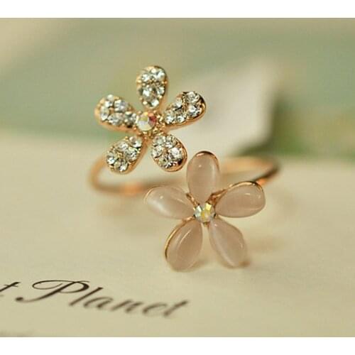 Gold Filled Daisy Flower Crystal Rhinestone Ring Gift Adjustable Opening Rings For Women
