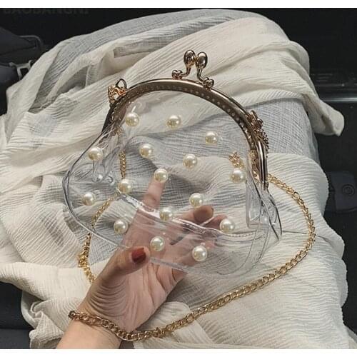 Transparent Jelly Pearl Clip bag Summer New High quality PVC Womens Designer Handbag Chain Mini Shoulder Messenger Bag