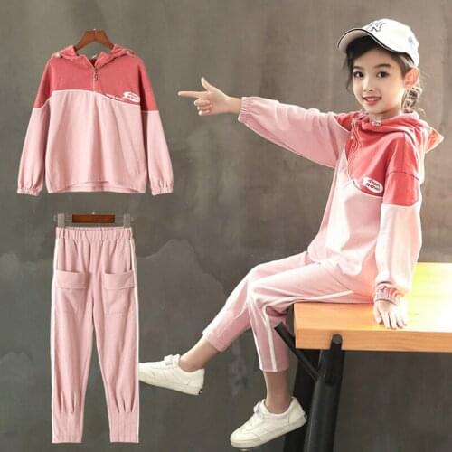 Girls Sprots Suit Spring Fall Clothes Kids Panelled Spliced Hoodies + Leisure Trousers 2 Pcs Childrens Sportswear Twinset B288
