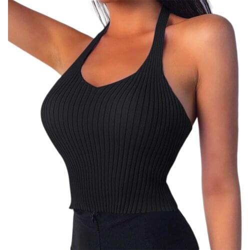 Women Sexy Sleeveless Tank Tops Deep V-neck Solid Knit Rib Halter Hanging Neck Slim Vest