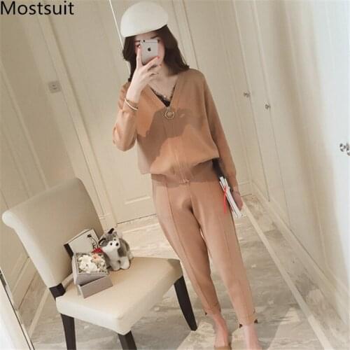 Korean Women Knitted 2 Piece Sets Outfits Long Sleeve Zip-up Cardigan And Pants Suits Ladies Fashion Elegant Two Piece Sets 2019