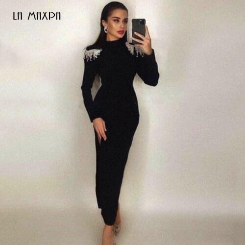 Sexy Tassel Backless Bodycon Bandage Long Dress Elegant Solid Color Stand Collar Long Sleeve Club Party Dress 2021 Autumn New