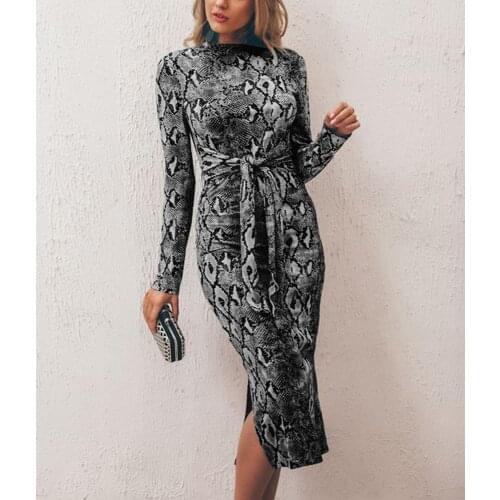 Long Sleeve Midi Dress Snake Print Turtleneck Bodycon Dress Bandage Sashes Plus Size Elegant Dresses for Women Casual