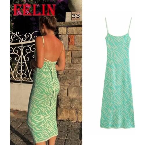 Za 2021 Beach Sexy Knitted Long Sheath Cami Dress Backless Fashion Autumn Vintage Sleeveless Dress Elegant Mujer Vestidos