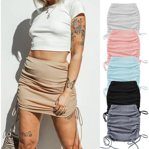 2021 Fashion Summer Sexy Women Knitted Elastic Pleated Skirt Adjustable Hip Threaded Side Drawstring Slim Fit Skirt Lady Dress
