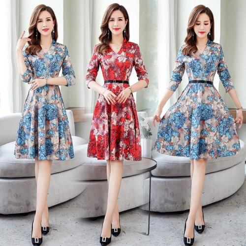 2019 Autumn Winter Korean Midi Dress Plus Size High grade Floral Dresses Elegant Women Party Casual V-Neck Dress Vestidos