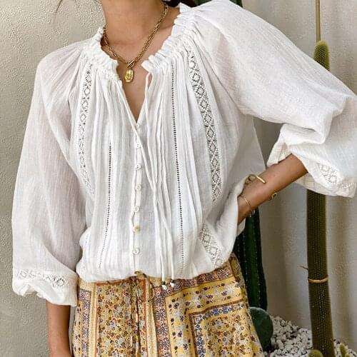 2021 Spring New Long Sleeved Shirts Womens French Style Cotton Boho Blouses Embroidery Lace Mujer Shirts Cotton Blouses Chic