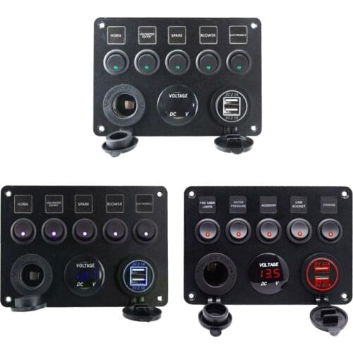 5 Gang LED Rocker Switches Control Panel Circuit Charger Car Marine