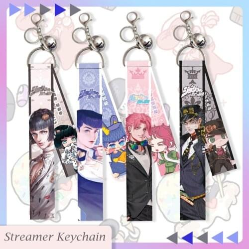 JoJos Bizarre Adventure Streamer Keychain Cartoon Print Hand Rope Lanyards Keyring Bag Charm Car Key Chain Trinket Anime Jewelry