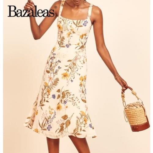 Women Midi Dress Retro Dresses Sexy Vestidos Floral Print Cream Tank Dress Vintage Spaghetti Strap