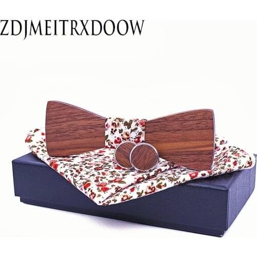 Classic Wood Bowtie+Handkerchief+Cufflinks Sets for Mens Suit Wooden Bow Tie Printing Bowknots Wedding Party Ties Corbatas Seda