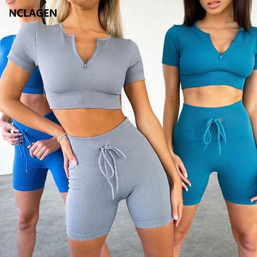 NCLAGEN Yoga Set Women Sportwear 2 Piece Sports Suit Bra Shorts Tracksuit Zipper Top Leggings Fitness Pants Elastic Gym Clothes