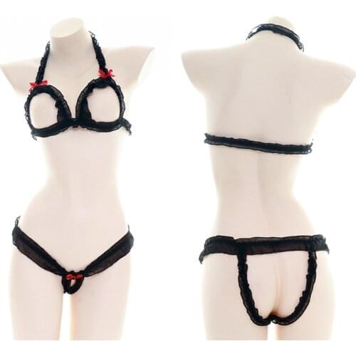 Japanese Sexy Lingerie Lolita Kawaii Hollow Out Mini Bikini Adult Cosplay Erotic Costumes Bra Women Underwear Panty Set