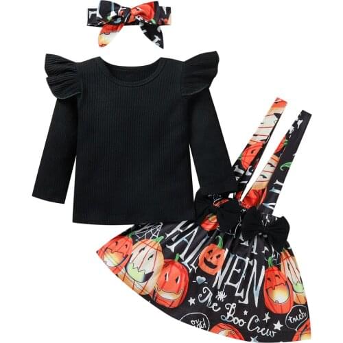 2021 Girl’s Skirt Three Piece Suit Cute Casual Long Sleeve T-shirt and Halloween Print Suspender Skirt with Headband