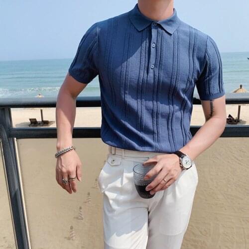 Summer Man Ice Silk Short Sleeve 5 Solid Polo Shirt Men British Slim Lapel Knitted Casual Stripe Polo Shirt Polo Camisa Hombre