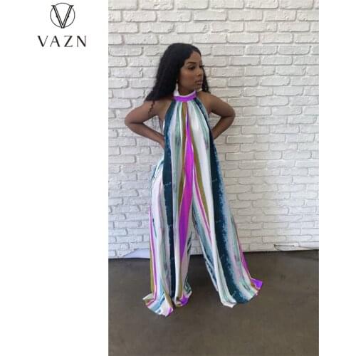 VAZN 2021 summer women fashion new street casual style jumpsuits sleeveless hanging neck striped jumpsuits long pants