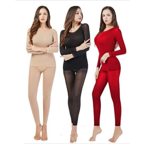 70% Hot Sell Super Thin High Elastic Thermal Underwear Women Crew Neck Long Sleeves Top Pants