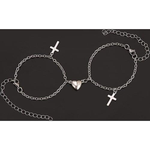 2Pcs Heart Shaped Magnet Attraction Bracelet Couples Stainless Steel Cuba Chain Mens Womens Charm Bracelet Jewelry Gifts Cross