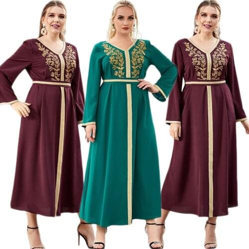 Fashion Women Vintage Embroidery Party Evening Long Dress Arabic Abaya V-neck Kaftan Loose Islamic Clothing Ramadan Eid Turkish