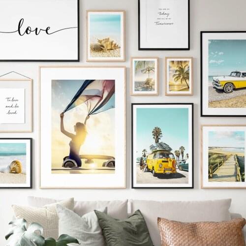 Wall Art Canvas Painting Yellow Vintage Van Surfboard Girl Coconut Beach Nordic Posters And Prints Wall Pictures For Living Room