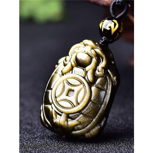 Golden Obsidian Dragon Turtle Necklace Pendant Hand Carved Xuanwu Money Turtle Natural Gem Men and Women Lucky Amulet