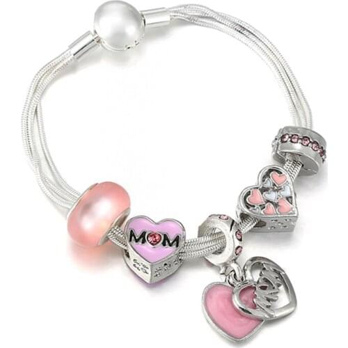 Silver Plated Multi-layer Charm Bracelet With Mom Beads & Pendant For Women DIY Brand Romantic Mothers Day Jewelry Gift