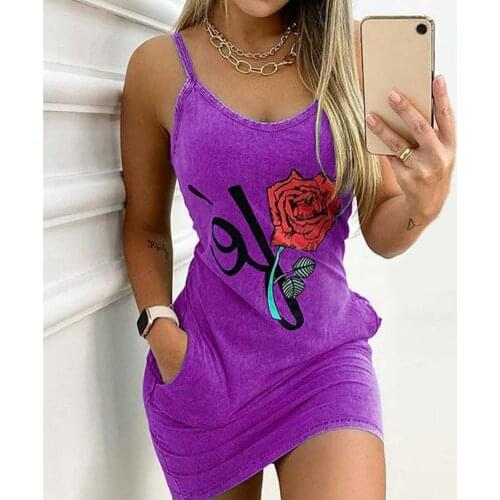 Sexy Summer Dresses Women Cute ROse Print Halter Suspender Beach Dresses Casual Sling Comfortable Poket Dress