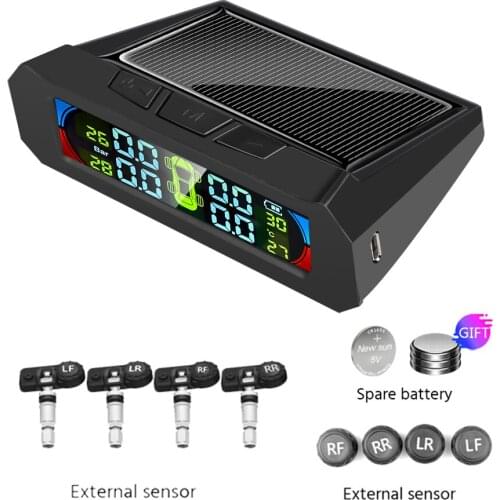 TPMS Tire Pressure Monitoring System High Brightness IP67 Adjustable Display Solar USB Charging 4 Internal and External Sensors