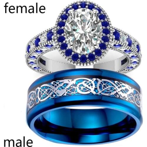 Sz6-14 (TWO RINGS) Couple Rings Round cut Blue zircon Womens Wedding Rings Titanium Steel Mens Wedding Band