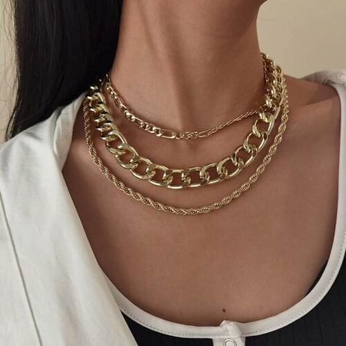 Punk Chunky Multilayer Thick Chains Necklace for Women Vintage Hiphop Geometric Chains Choker Clavicle Necklace Party Jewelry