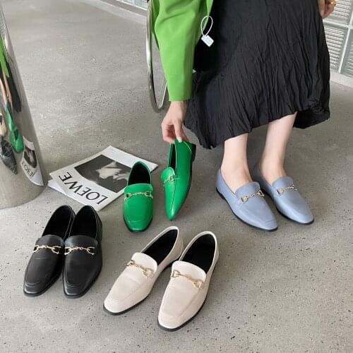 2021 spring womens one-step loafers fall fashion British metal buckle flat shoes round toe green casual ballet shoes