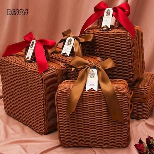 Fashion Large Straw Ribbon Portable Gift Box Party Wedding Camping Cake Tableware Packaging Decoration Woven Basket Gift Box