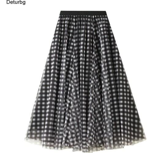 Womens Vintage Plaid Pattern Tulle Midi Skirt Female High Waist 3 Layer Mesh Pleated A-Line Skirts Faldas 2021 Autumn Sk870