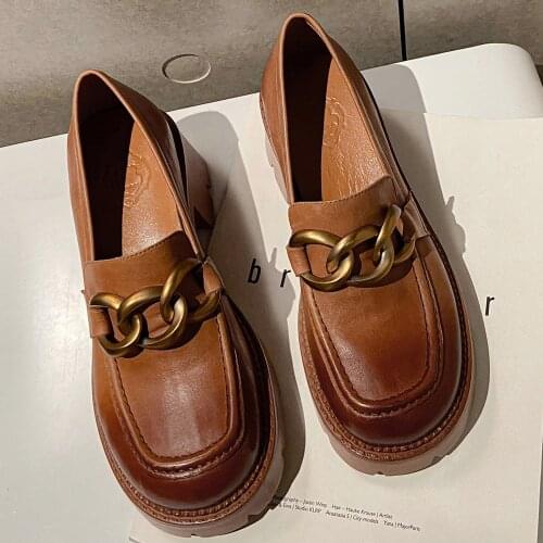 Womens genuine leather chunky heel platform flats loafers square toe gradient color chain decoration punk casual moccasins shoe