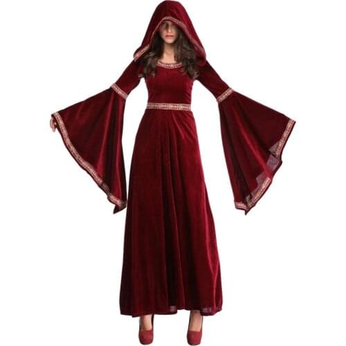 Women Wine Red Vampire Halloween Witch Costume Long Dresses Costumes European Retro Court Sorcerer Hooded Uniform