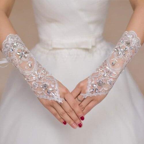 1 Pair White Short of Gloves Wedding Gown Accessories Fingerless Gloves Inlaid Rhinestone for Bridal Lace Glove