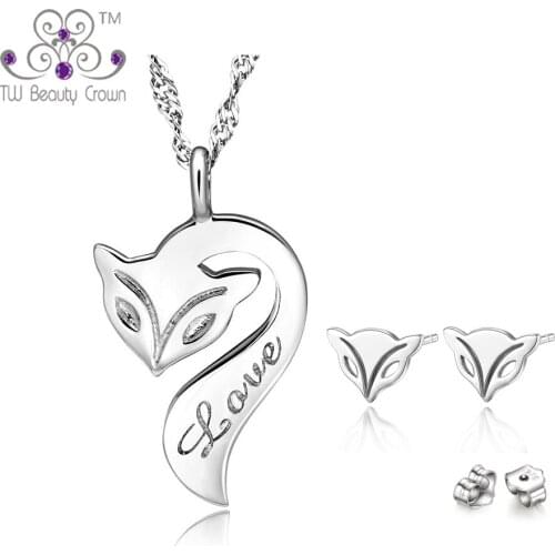 100% Solid 925 Sterling Silver Lovely Cute Fire Fox Pendant Necklace Earrings Fashion Party Jewelry Sets For Women Girls Gifts