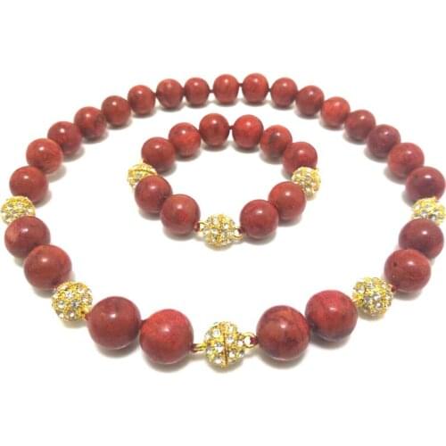 18 inches 14mm Red Round Natural Coral Necklace & Bracelet Set