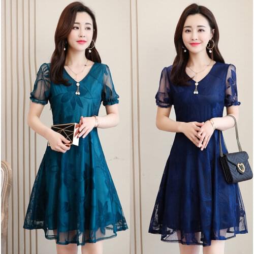 2020 new summer womens dresses short-sleeved slim medium long plus size lace M-5XL Round neck lantern sleeve dress female
