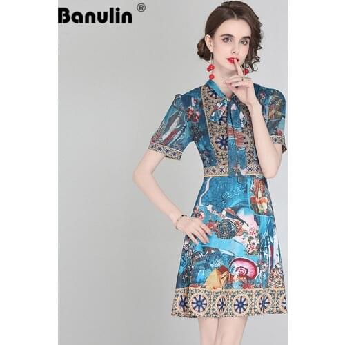 Banulin 2021 Newest Summer Flower Printed Vintage Dress Women Short Sleeve Bow Neck Elegant Mini Dress Vestidos Female N56628