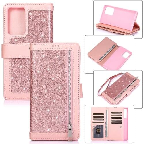 Glitter Zipper Flip Leather Case For Samsung S21 Ultra Note 20 Ultra 10 + S20 FE A71 A51 A50 A70 S20 S10 Plus S10E Phone Covers