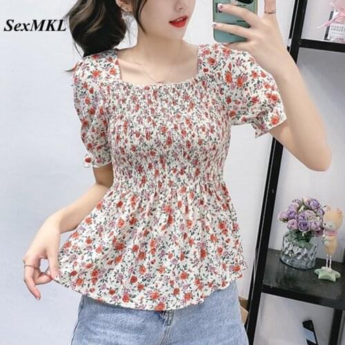 Blusas Mujer De Moda 2021 Fashion Summer Vintage Corset Top Blouse Women Korean Elegant Slim Floral Print French Chiffon Shirts