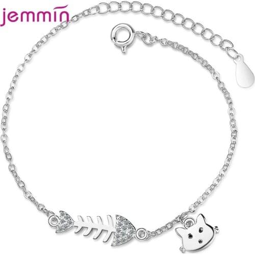 Animal Cute Cartoon Cat & Fish 925 Sterling Silver Bracelet & Bangle Female Girl Birthday Gift Party Jewelry Trendy Hand Chain