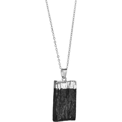 Ethnic Style Silver Plated Irregular Shape Black Tourmaline Stone Pendant Link Chain Necklace for Gift Jewelry