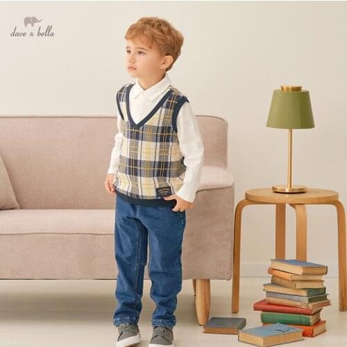 DKH18210 dave bella autumn 5Y-13Y kids boys clothes children fashion cartoon plaid T-shirt girls high quality fashion tees