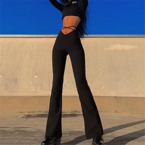 IR-CKERT 2021 Women Skinny High Waist Bodycon Long Pants Sexy Clubwear Black Lace Up Leggings Female Party Wide Leg Pants Ladies