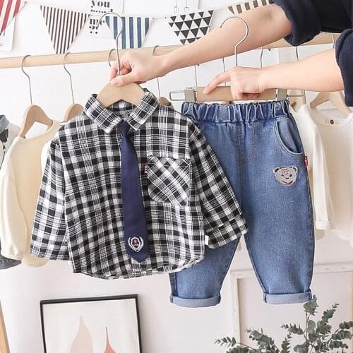 Baby Boys Clothes Set Children Autumn Suit Plaid Long-sleeve Shirt+Removable Tie+Pants 3 PCS Toddler Sport Suit 1 2 3 4 5 Years